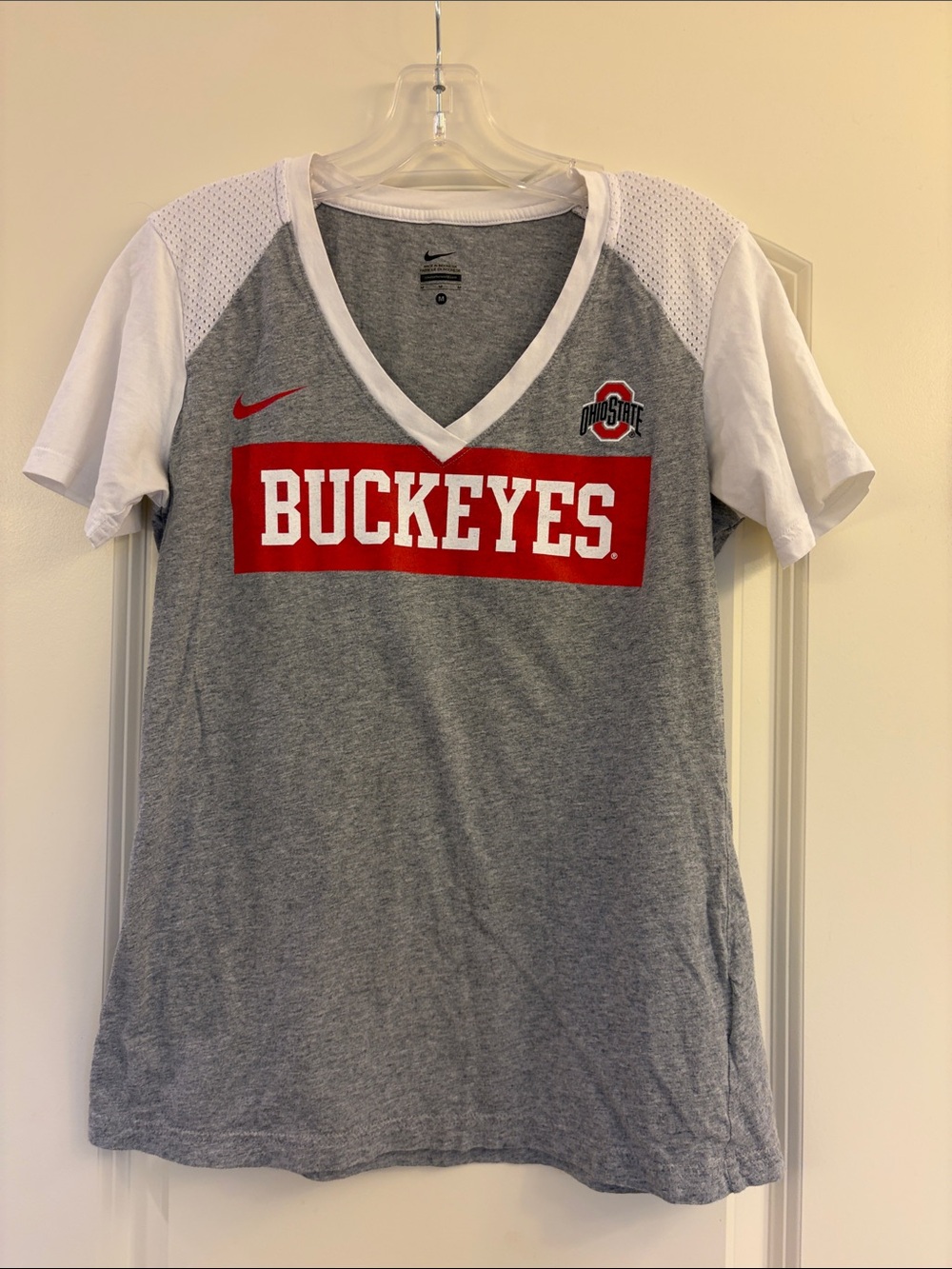 Nike Gray and White Ohio State Buckeyes V-Neck Tee with Red Logo